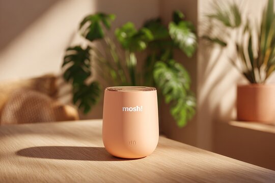 Modern wireless speaker on wooden table with plants