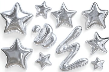 Obraz premium Overhead view of silvery, inflated star and abstract shaped objects on a white surface