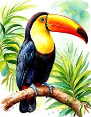 Fototapeta premium A toucan perched on a branch among foliage. Watercolor illustration of a bird portrait