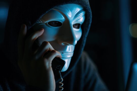 Masked scammer on phone in call center