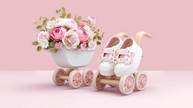 3d realistic collection of baby girl and boy pram shoes. Design element for baby shower invitations, birthday card or baptism ceremony.