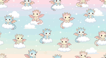 Fototapeta premium Cute Baby Dragons Seamless Pattern on Pastel Clouds Background