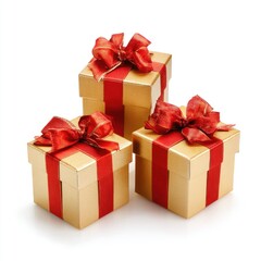 Three gold square gift boxes tied with red ribbon and bows, white background