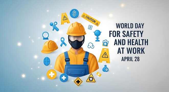 World day for safety and health at work celebration with safety symbols