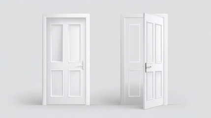 3d realistic vector icon illustration. White wooden door opened and closed.