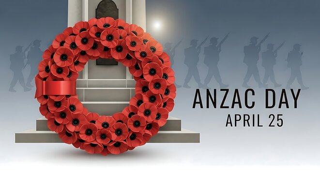 Red poppy wreath commemorating anzac day on april twenty-fifth anniversary