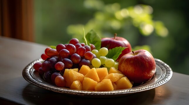 A silver platter overflows with fresh red s red and green grapes and diced melon set against a soft natural green outdoor background