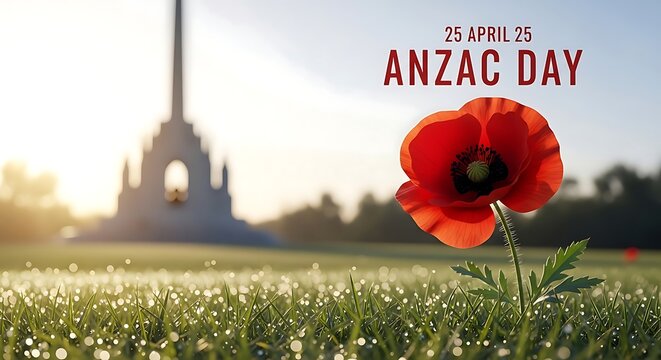A vibrant poppy flower symbolizing remembrance on anzac day with a war memorial in the background