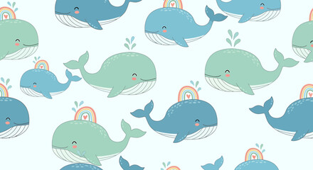 Obraz premium Cute Whale Pattern Seamless Background Kawaii Ocean Animal Illustration