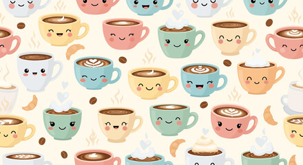 Kawaii Coffee Cups Pattern: Cute Cartoon Characters, Hot Drinks, and Pastries