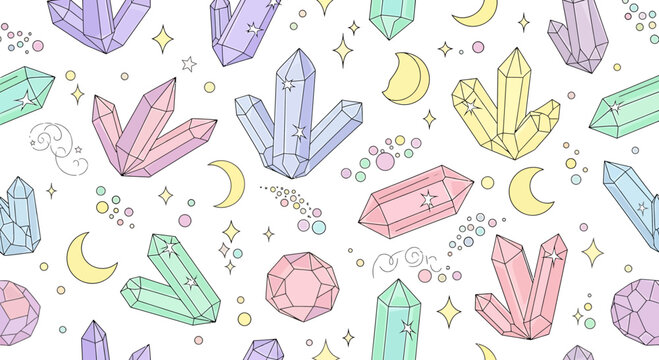 Pastel Crystal Gemstone Seamless Pattern with Moon and Stars