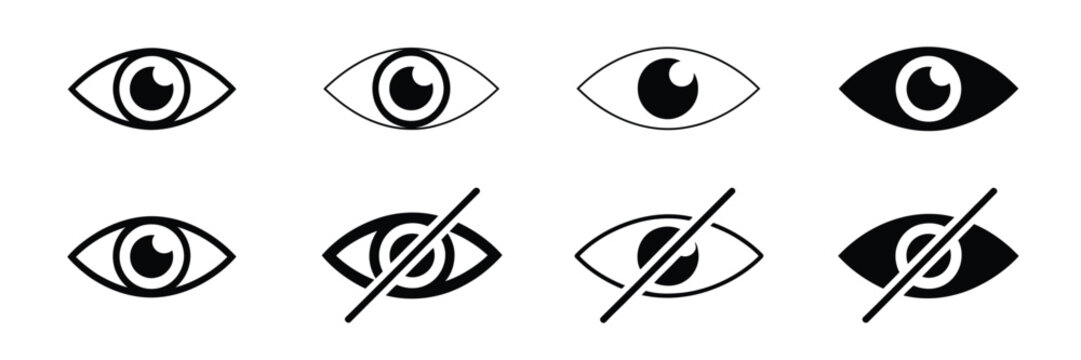 Eye icon set, featuring view, visible, invisible, see, unsee, show password, and hidden password symbols in vector format.