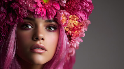 Naklejka premium Woman with pink hair and flower headpiece