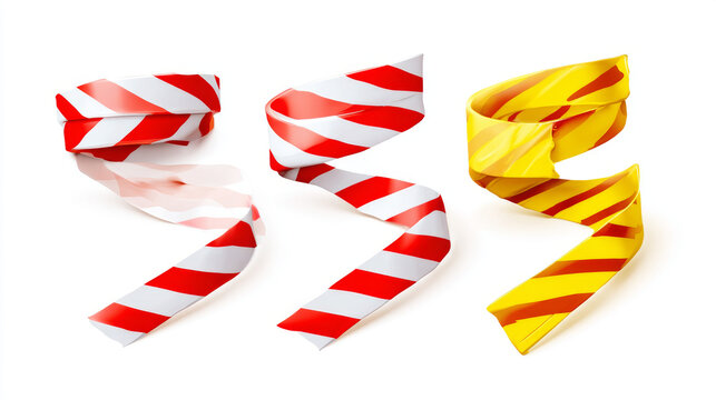collection of three 3d realistic vector hazard white and red striped ribbon, caution tape of warning signs for crime scene or construction area in yellow.  Isolated on white background.