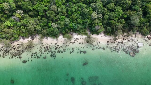 Starfish Beach (Rach Vem), Phu Quoc Island, An Giang (Kien Giang), Vietnam &ndash; 4k aerial drone footage of tropical beaches, turquoise water, white sand beach, reefs, lush coastal forest