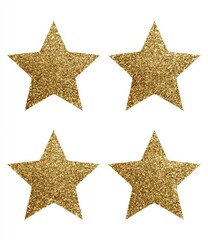 Four golden, glittery stars arranged in a square on a white background