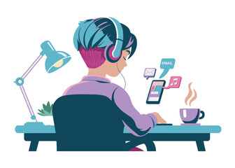 Fototapeta premium Person wearing headphones listens to music and checks email on phone