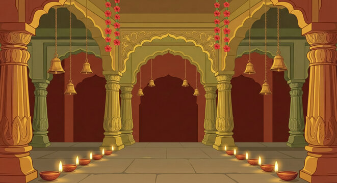 Indian Temple Entrance with Arches Pillars Bells and Diyas archi