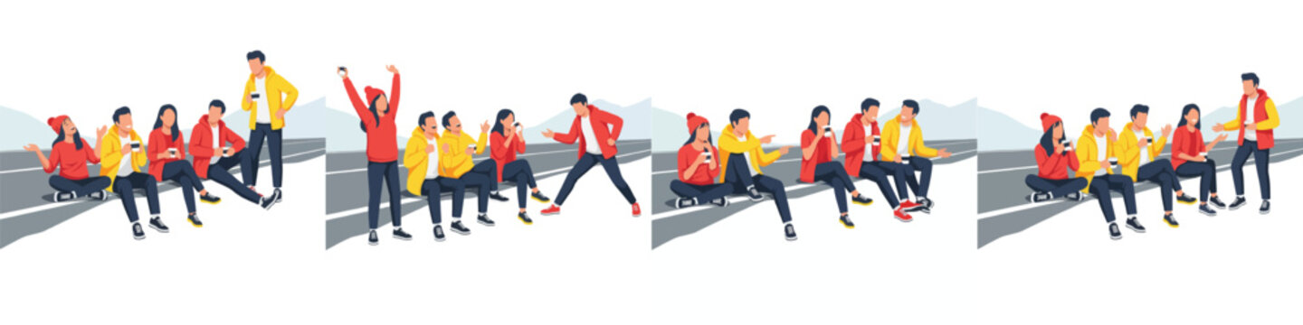 Group of young people relaxing on a ledge