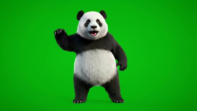 Cute 3D animated panda mascot dancing and waving on green screen
