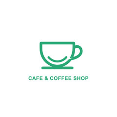 Green outline coffee cup logo with smile icon for cafe and restaurant branding