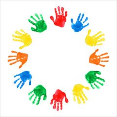 Fototapeta premium Circle of watercolor children's handprints. Watercolor illustration of chilren's palms on white backgound. International Children's Day 