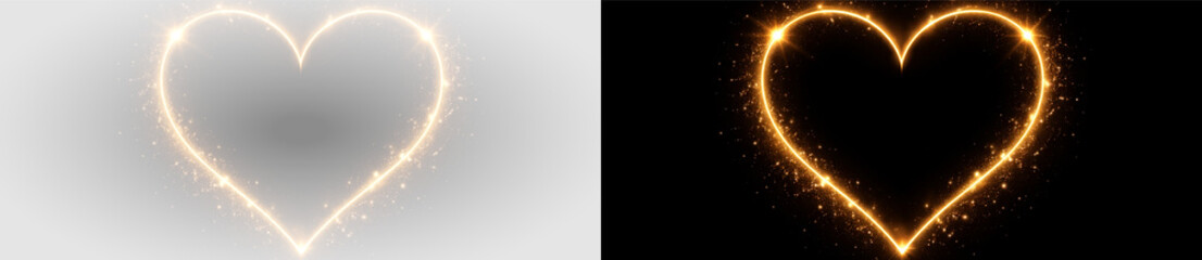 Golden glitter magic heart shape with glowing light sparkle, abstract luxury romantic symbol for wedding, valentine and anniversary decorative design on transparent background © Ivan