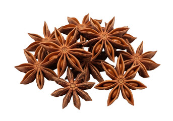 A pile of star anise spice pods, brown in color with multiple points, isolated on transparent background