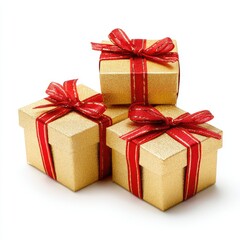 Stack of shiny, golden gift boxes tied with red ribbons, on white background
