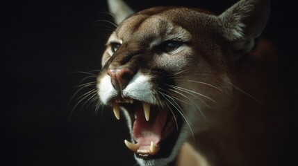 a super close up image of a cougar growling with its mouth open very wide showing its teeth
