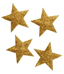 Obraz premium Four golden, glittery five-pointed stars on a plain white background, slightly askew