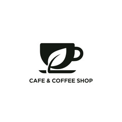 Cafe and coffee shop logo, cup and leaf, modern black silhouette