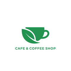 Cafe and coffee shop green leaf cup logo, modern minimalist design