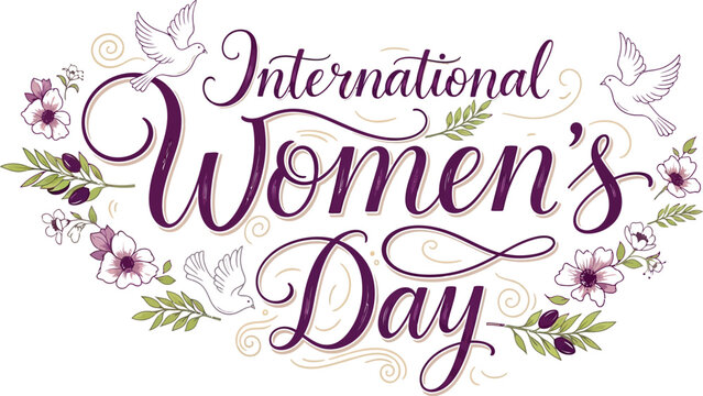 Beautifully illustrated calligraphy design celebrating international women's day with doves and floral accents