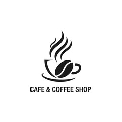 Coffee cup steam and bean logo, black silhouette, cafe shop