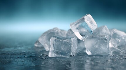 Obraz premium Close up of a pile of clear ice cubes melting on a dark wet surface with a soft blue background