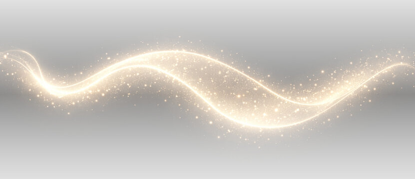 Golden glitter stream wave with glowing sparkle light, abstract luxury fantasy decorative curve for party, anniversary and bridal seasonal design on transparent background