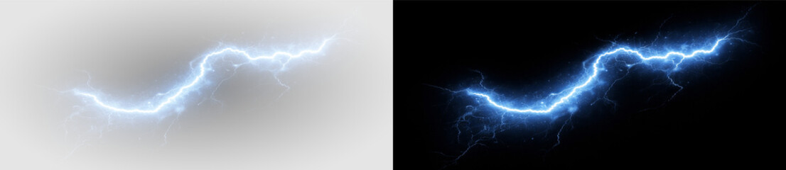 Blue electric lightning bolt with powerful energy discharge, futuristic plasma arc and vibrant thunder flash effect for technology template design on transparent background © Ivan