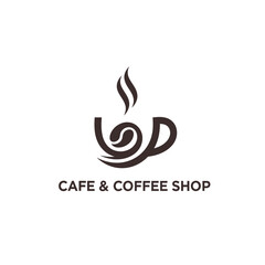 Elegant brown coffee cup logo with steam and bean for cafe shop identity design