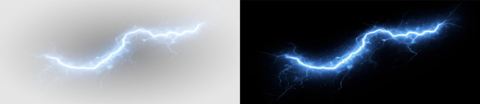 Blue electric lightning bolt with powerful energy discharge, futuristic plasma arc and vibrant thunder flash effect for technology template design on transparent background