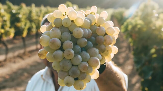 Sun-Drenched Harvest A Close-Up of Lucious White Grapes Held by a Vineyard Worker in the Golden Hour Glow of a Verdant Italian Winery.