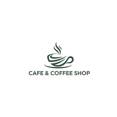 Minimalist logo for cafe and coffee shop with abstract steam from cup design