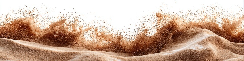 A textured, sandy dune with particles suspended in air against a clean white background