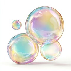 Several translucent, iridescent spheres float against a clean white background