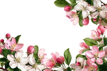 Watercolor-style floral arrangement with delicate pink & white blossoms bordering a blank space