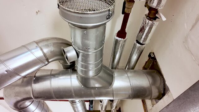 Industrial ventilation system with metal pipes and ducting visible on a white ceiling