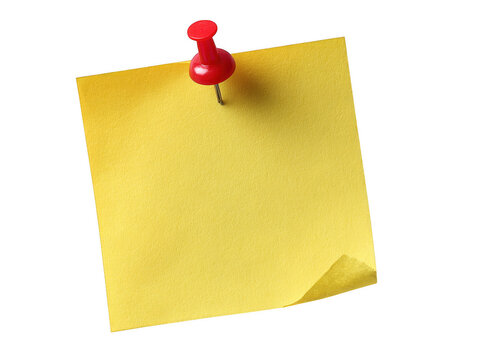 Yellow sticky note with red thumbtack isolated on transparent background