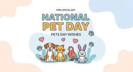 Obraz premium National pet day celebration with cute animals and heartfelt wishes on a pastel background