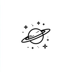 Simple line art of a ringed planet, surrounded by scattered stars on white background