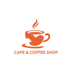 Vibrant orange coffee shop logo with steam wisps and abstract mug shape design